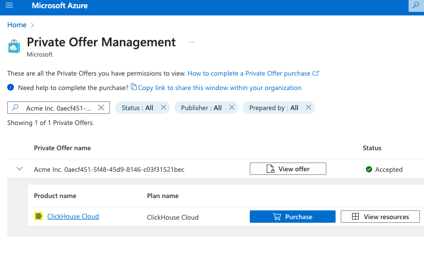 Azure Marketplace Private Offer Management page purchase enabled